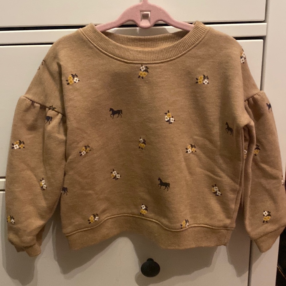 Janie & Jack tan and floral puff sleeve sweater